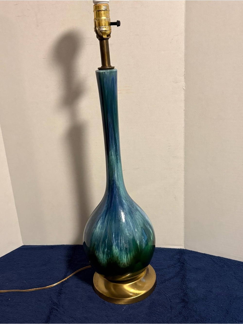 Mid-Century Modern 60s Drip Glaze Ceramic Genie Bottle 26” Table Lamp Blue Green